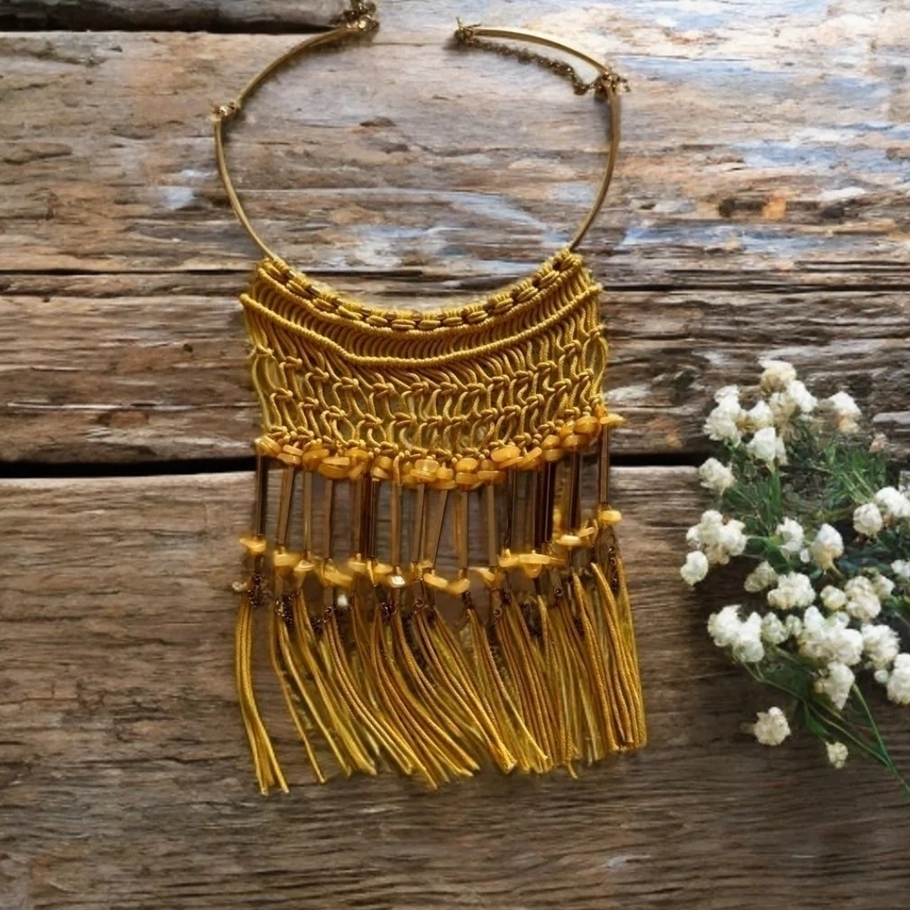 Free People Joey Crochet Tassel Statement Necklace Yellow Gold New
